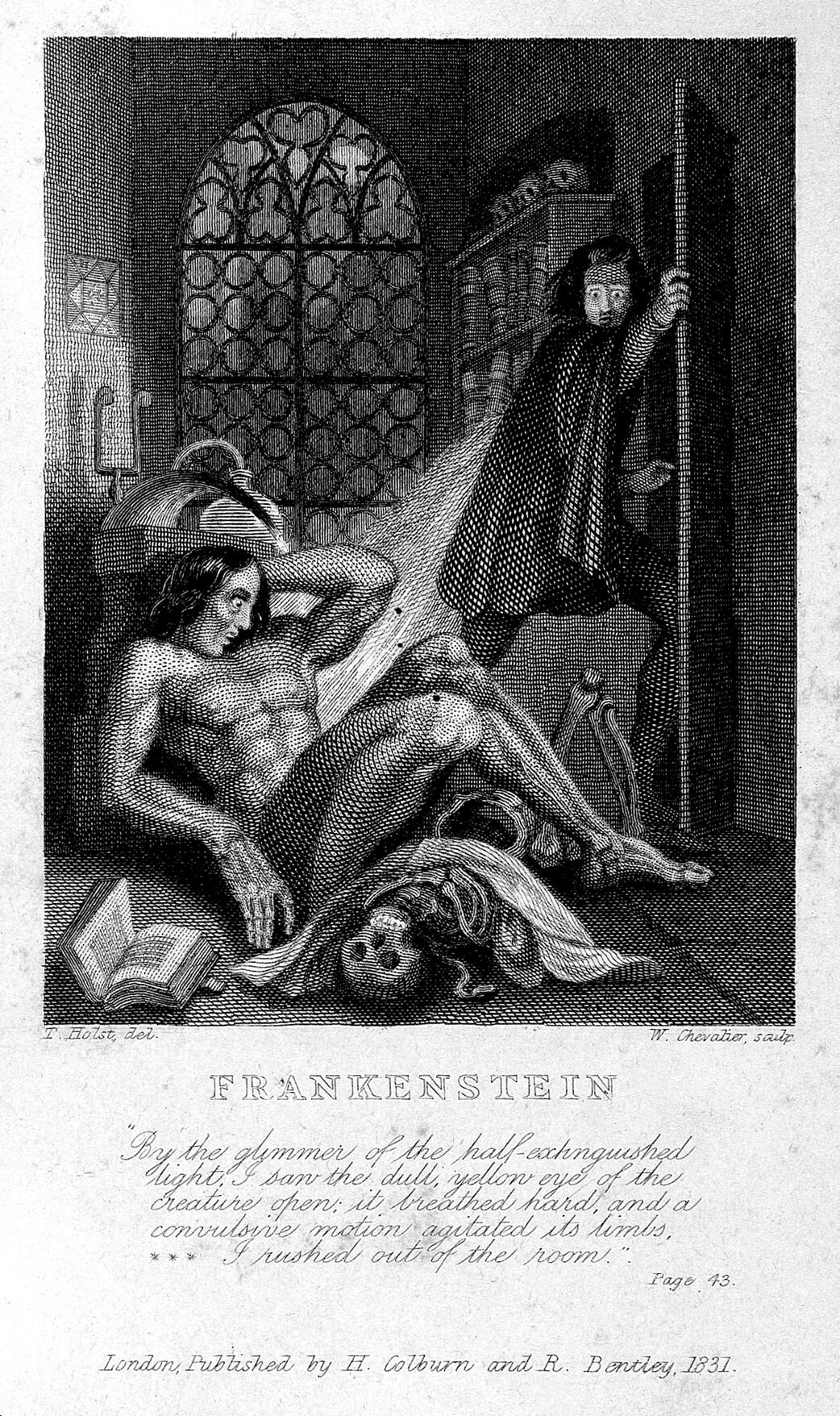 Frankenstein observando os primeiros movimentos de sua criatura. Gravura de W. Chevalier sobre Th. von Holst, 1831. Destaque como frontispício da edição de 1831 do romance de Shelley. <a href="http://wellcomeimages.org/indexplus/image/L0027125.html" target="_blank" rel="noopener noreferrer">Fonte: Wellcome Library</a>.