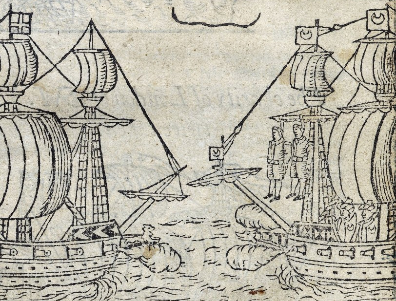 Detalhe da folha de rosto do livro News from sea, of two notorious pyrats Ward the Englishman, and Danseker the Dutchman (1609). Fonte.