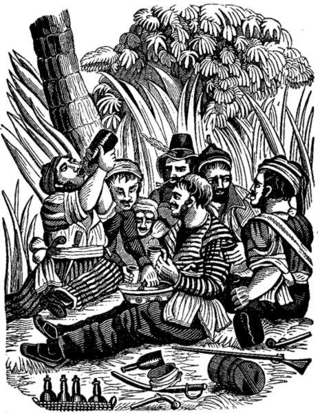 Captain Robert e sua tripulação festejando às margens do rio Calabar, extraído do livro The Pirates Own Book (1837) de Charles Ellms. Fonte.