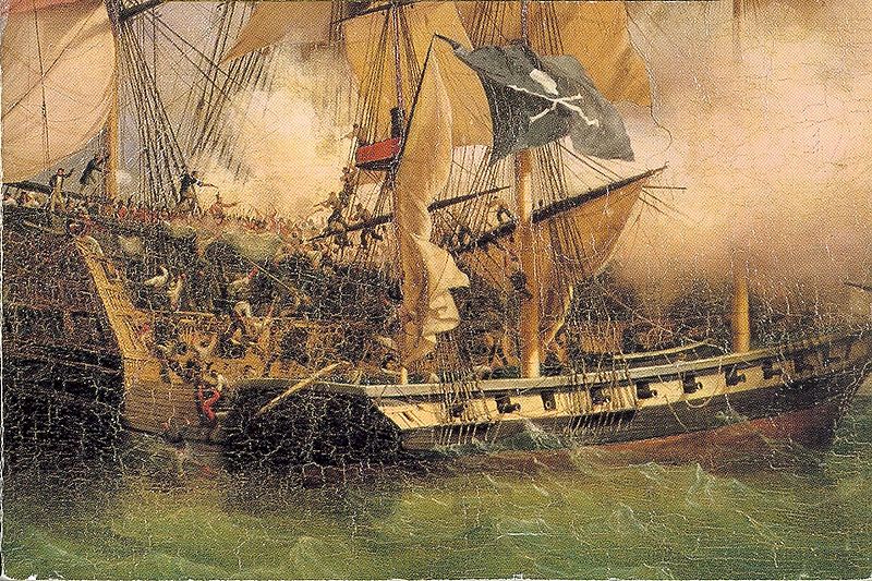 Quadro de Ambroise-Louis Garneray, por volta de 1800, retratando um navio pirata abordando um navio mercante. Fonte.