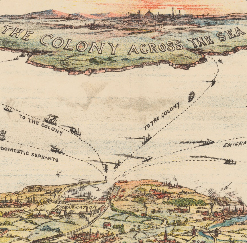 Detalhe mostra a imigração em “A colônia do outro lado do mar”, da ilustração de William Booth “In Darkest England and the Way Out” — Fonte.